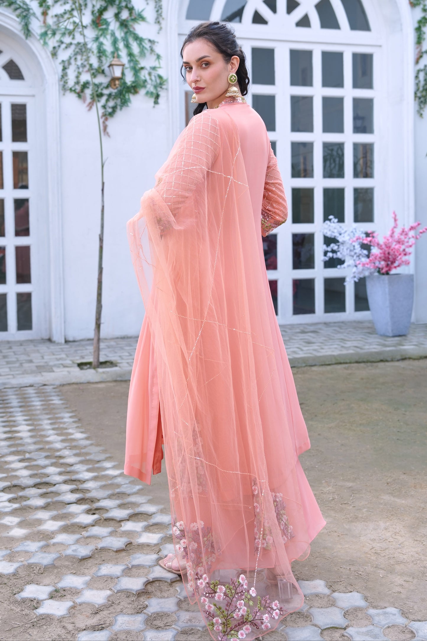 Georgette Kalidar Suit With Floral Embroidery - PEACH