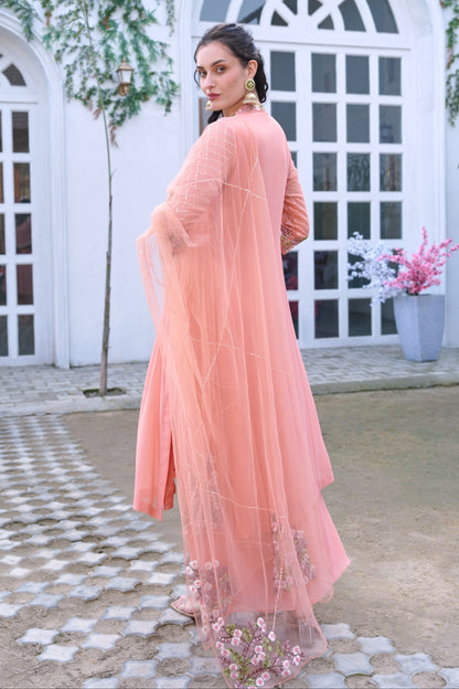 Georgette Kalidar Suit With Floral Embroidery - PEACH