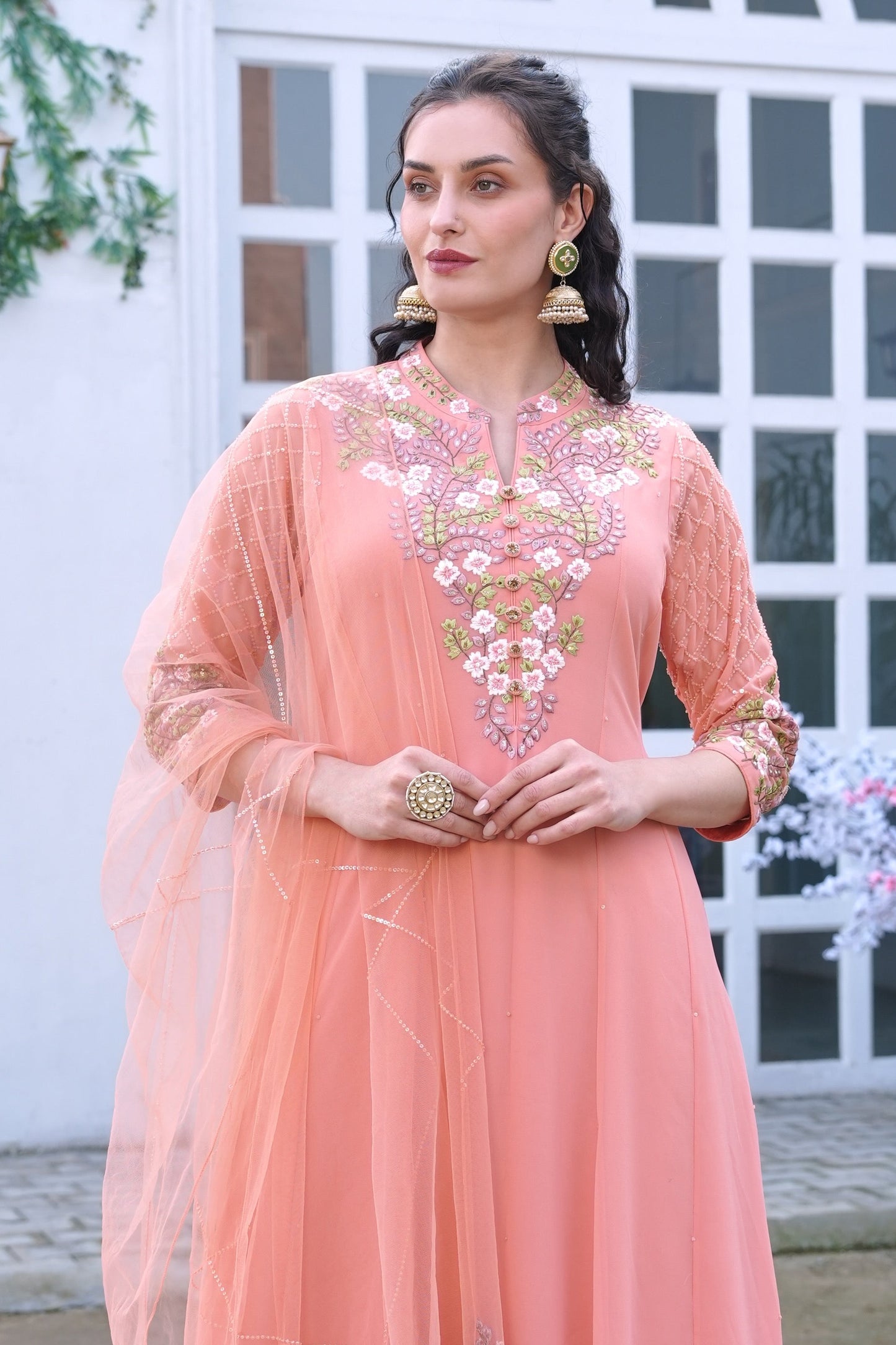 Georgette Kalidar Suit With Floral Embroidery - PEACH