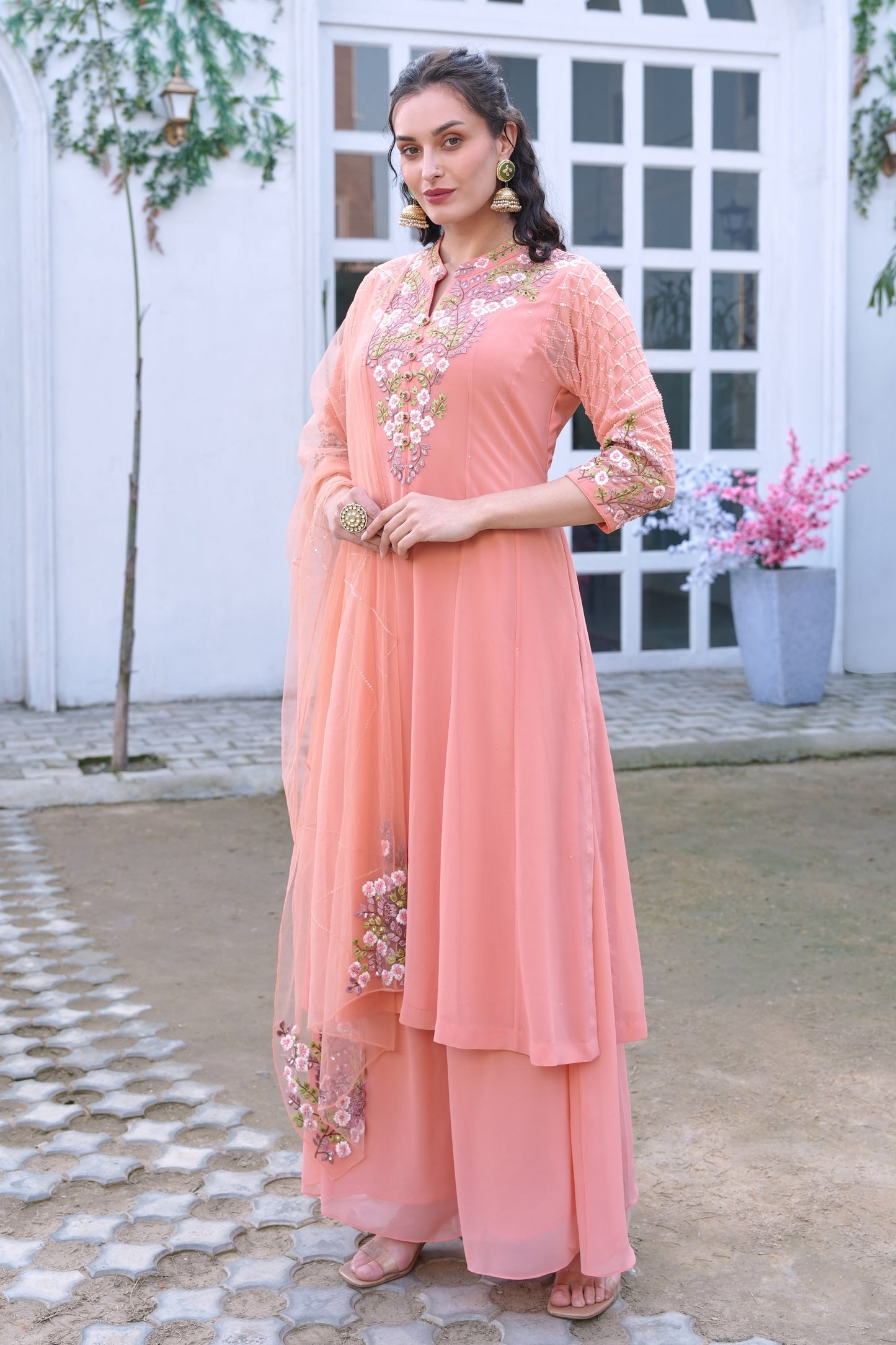 Georgette Kalidar Suit With Floral Embroidery - PEACH