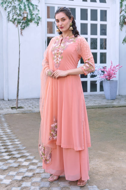 Georgette Kalidar Suit With Floral Embroidery - PEACH