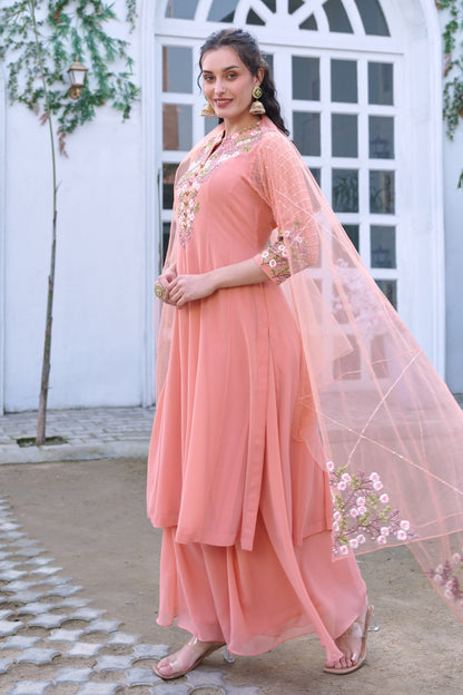 Georgette Kalidar Suit With Floral Embroidery - PEACH