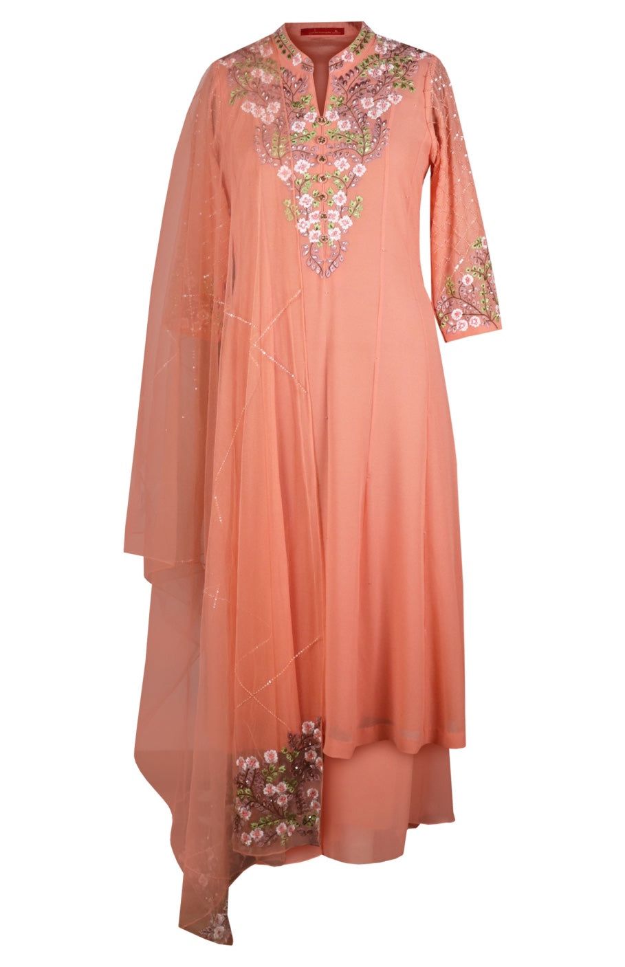 Georgette Kalidar Suit With Floral Embroidery - PEACH