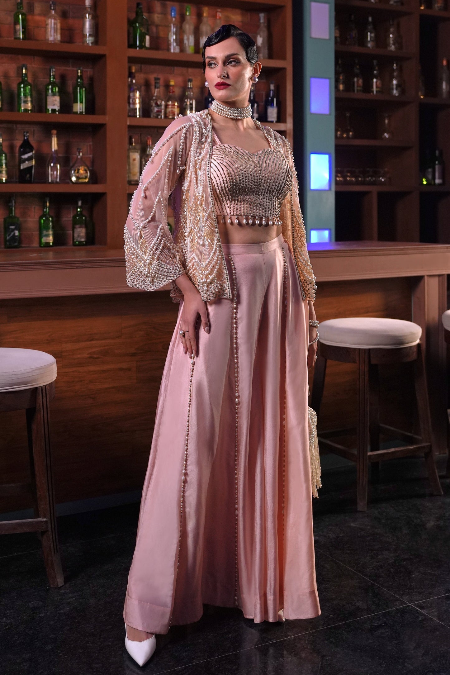 Pearl Embroidery 3 Piece Set With Sharara - PEACH