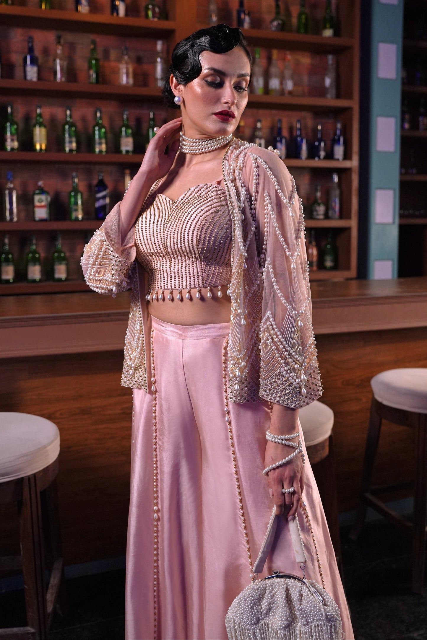 Pearl Embroidery 3 Piece Set With Sharara - PEACH