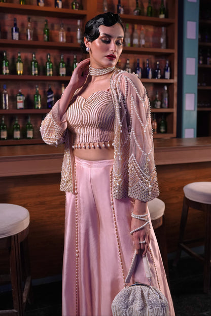 Pearl Embroidery 3 Piece Set With Sharara - PEACH