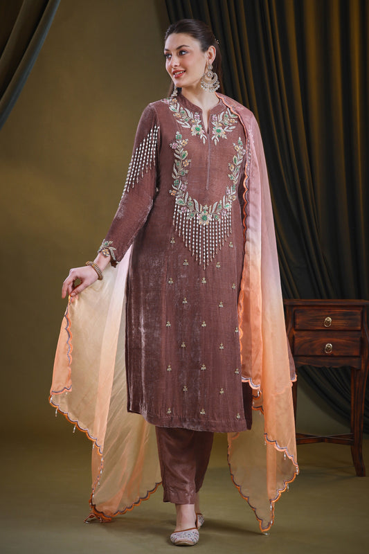 Pearl Cascade Silk Velvet Suit - MOCHA