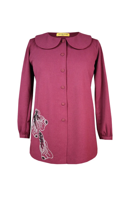 Glasswing Long Top With Peter Pan Collar - WINE