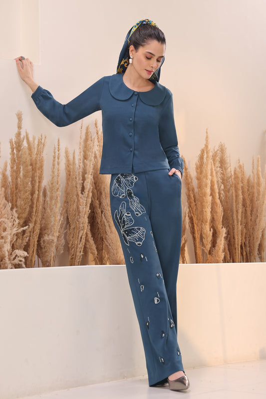 Glasswing Co-ord Set With Embroidered Pants - INDIGO