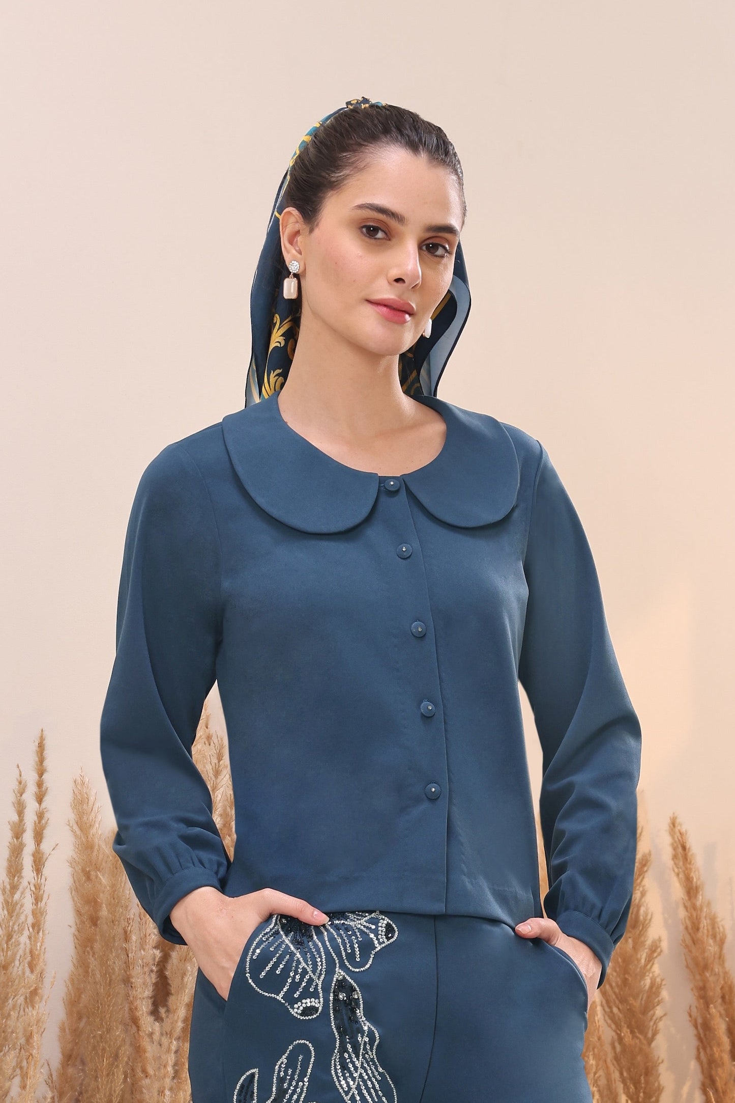 Glasswing Top With Peter Pan Collar - INDIGO