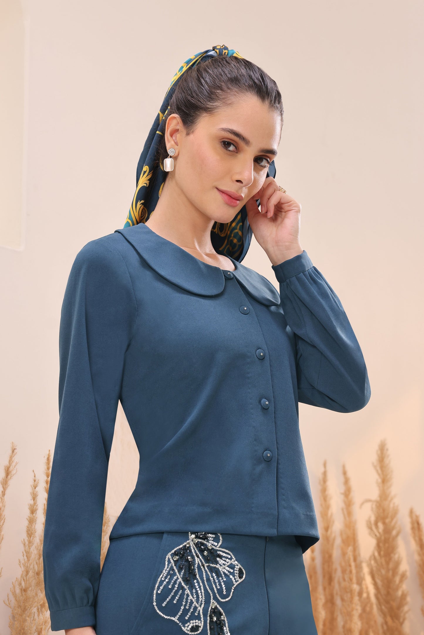 Glasswing Top With Peter Pan Collar - INDIGO