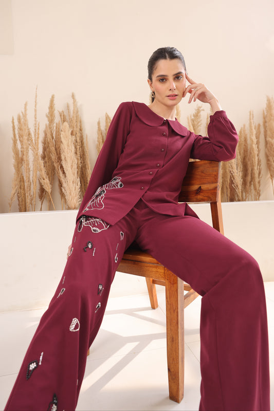 Glasswing Embroidered Pants - WINE