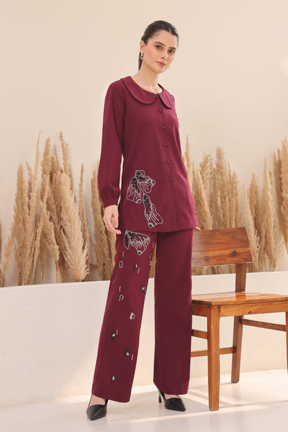 Glasswing Embroidered Pants - WINE
