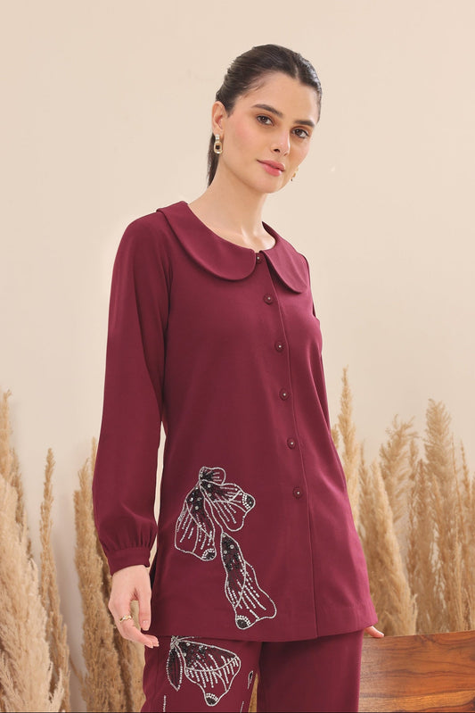Glasswing Long Top With Peter Pan Collar - WINE