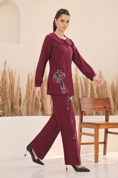 Glasswing Long Co-ord Set With Embroidered Pants - WINE