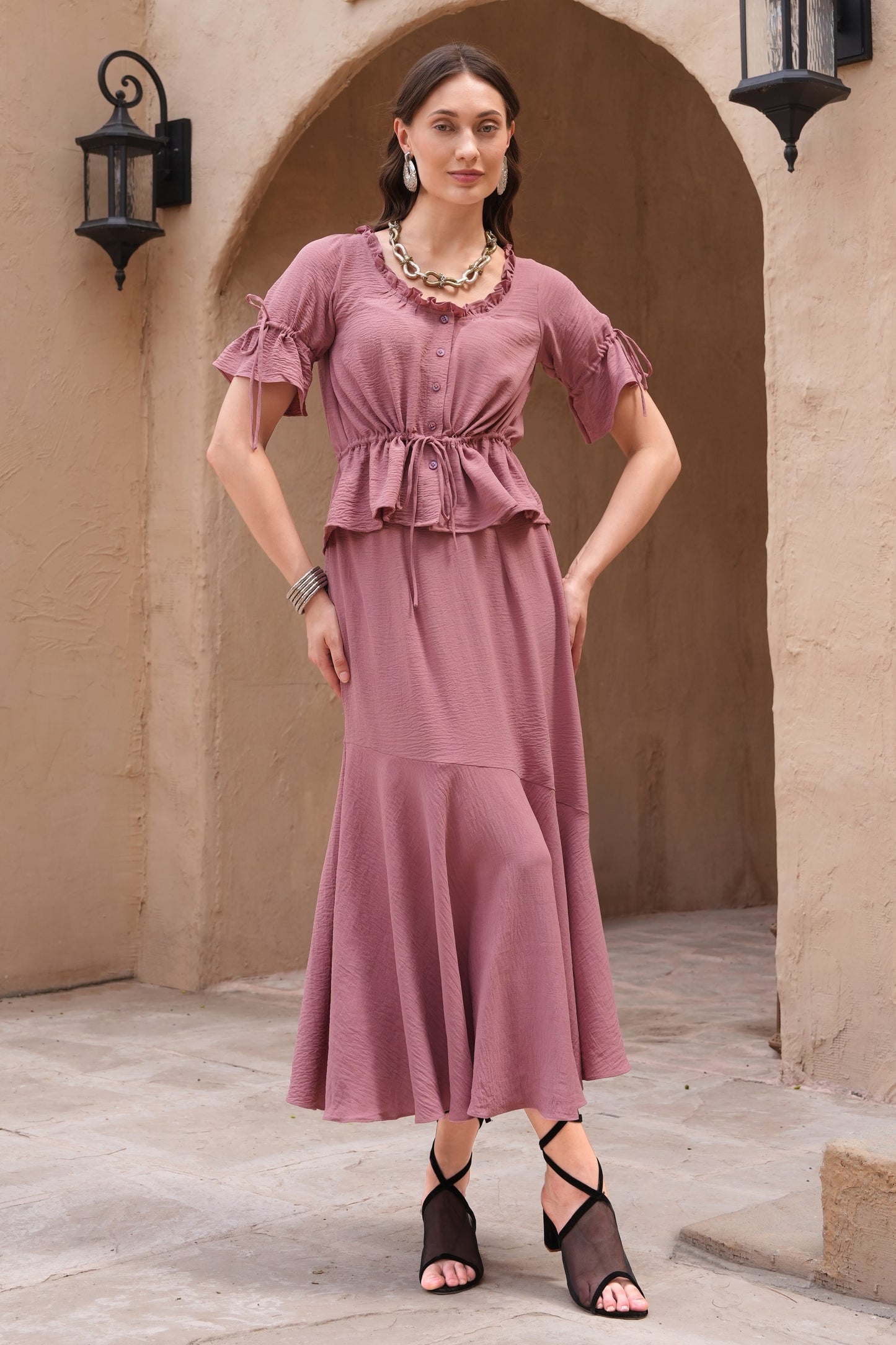 Biased Skirt Co-ord Set - PINK