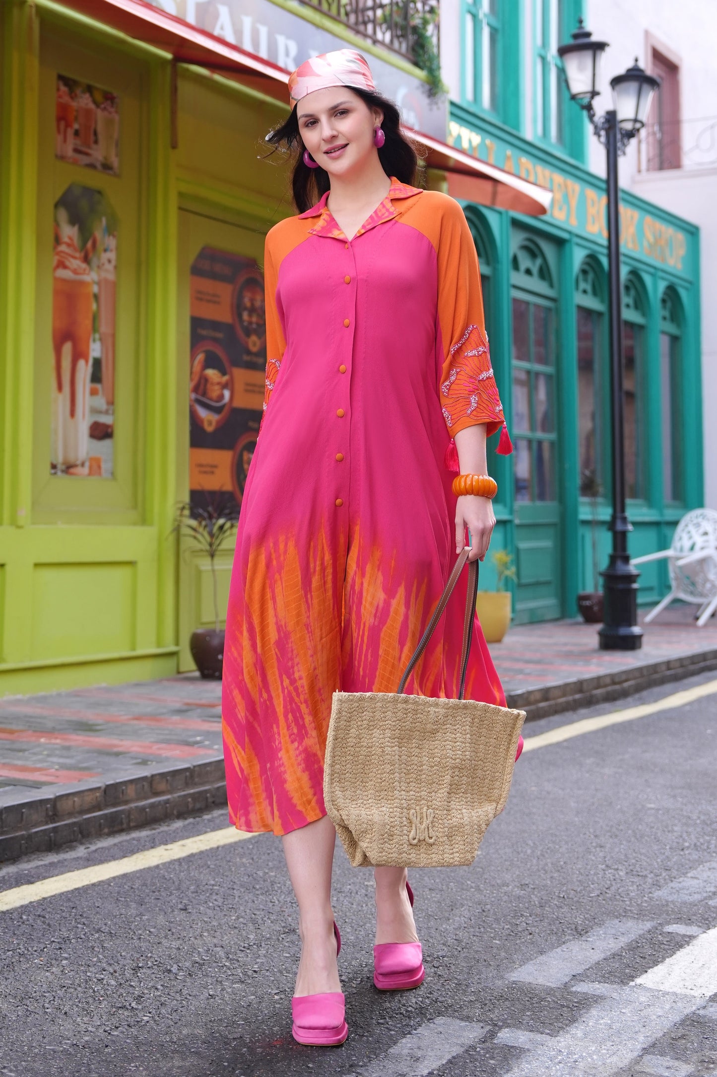 Bloom Tie & Dye Colour Block Kaftan - PINK