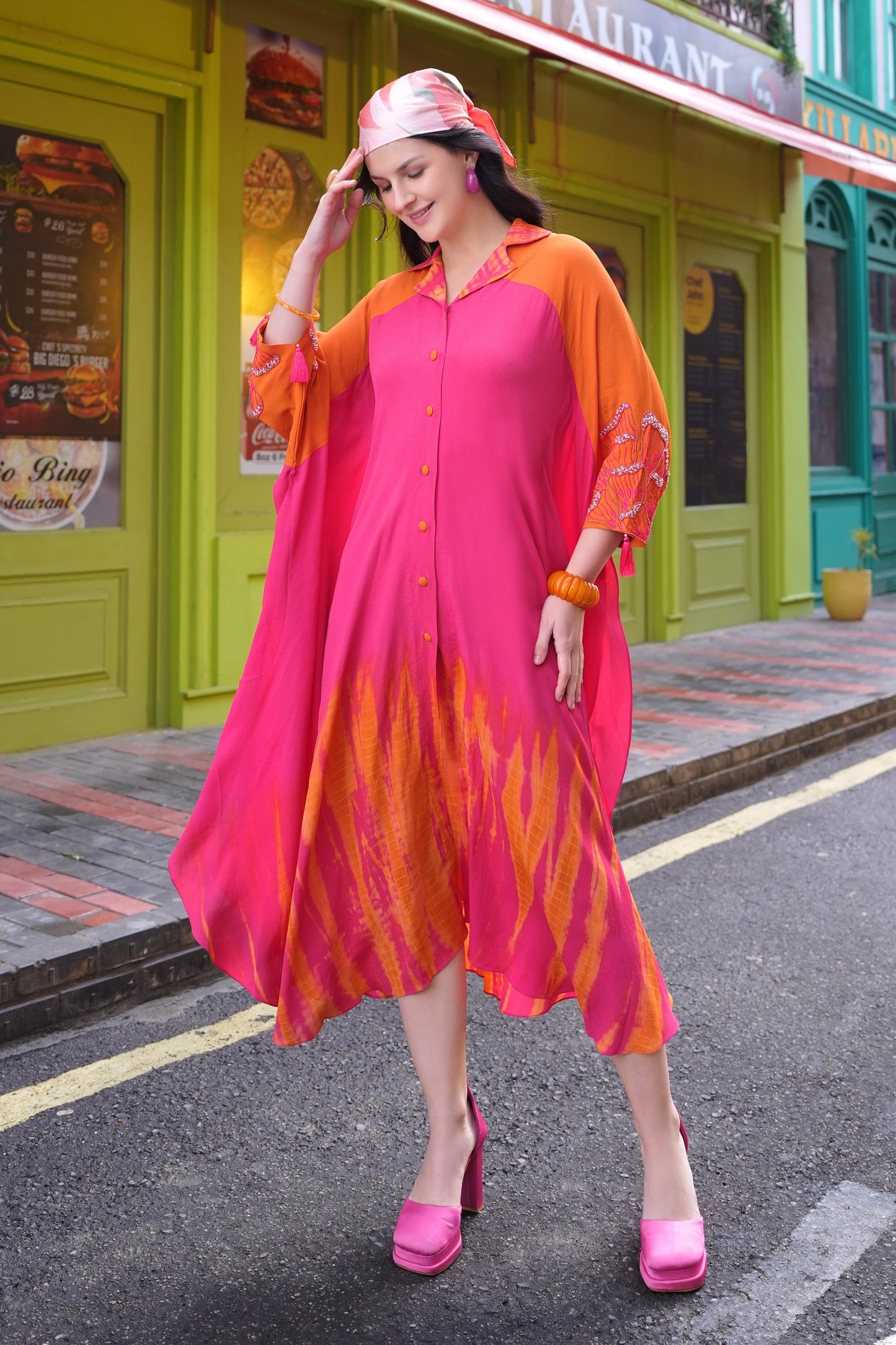 Bloom Tie & Dye Colour Block Kaftan - PINK