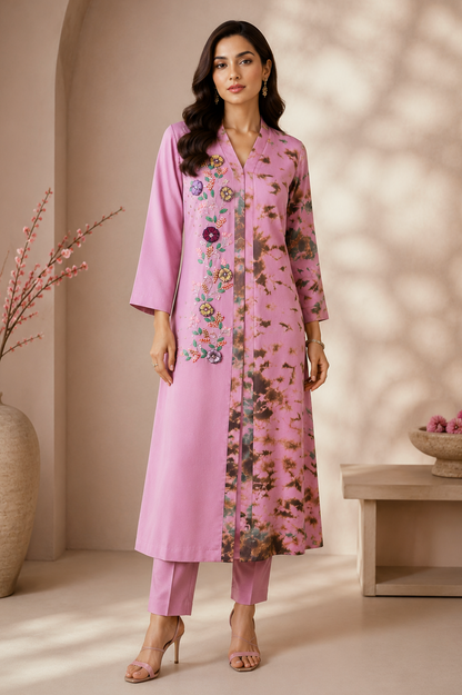 3D Embroidery T&D Kurta Set - PINK