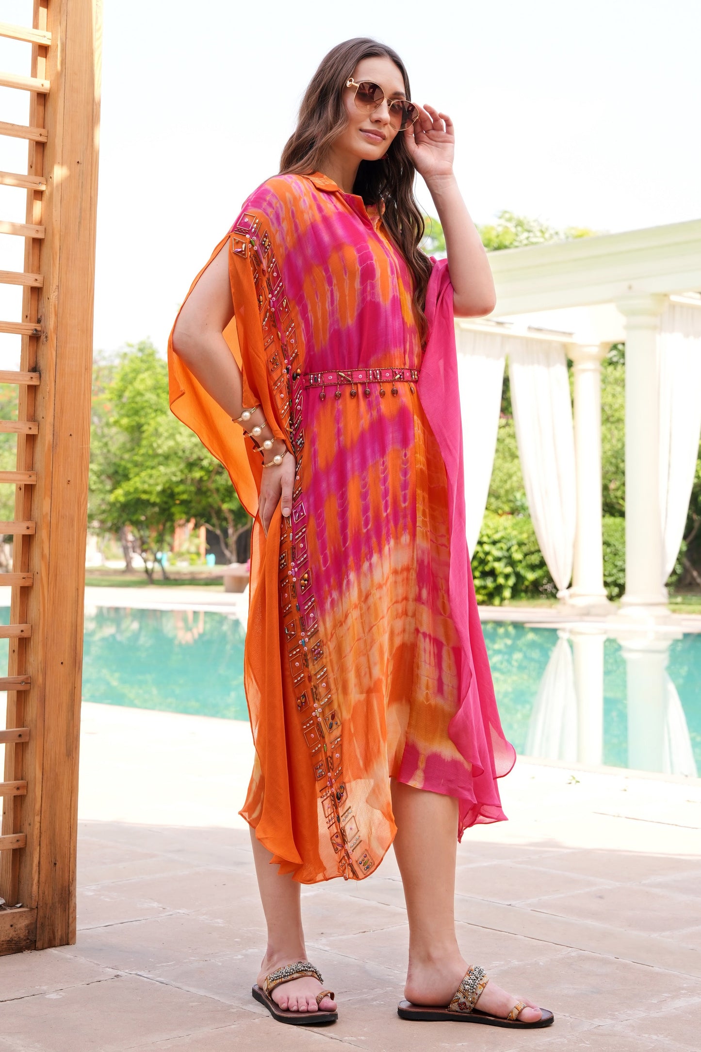 Tie n Dye Chiffon Kaftan - HOT PINK/ORANGE