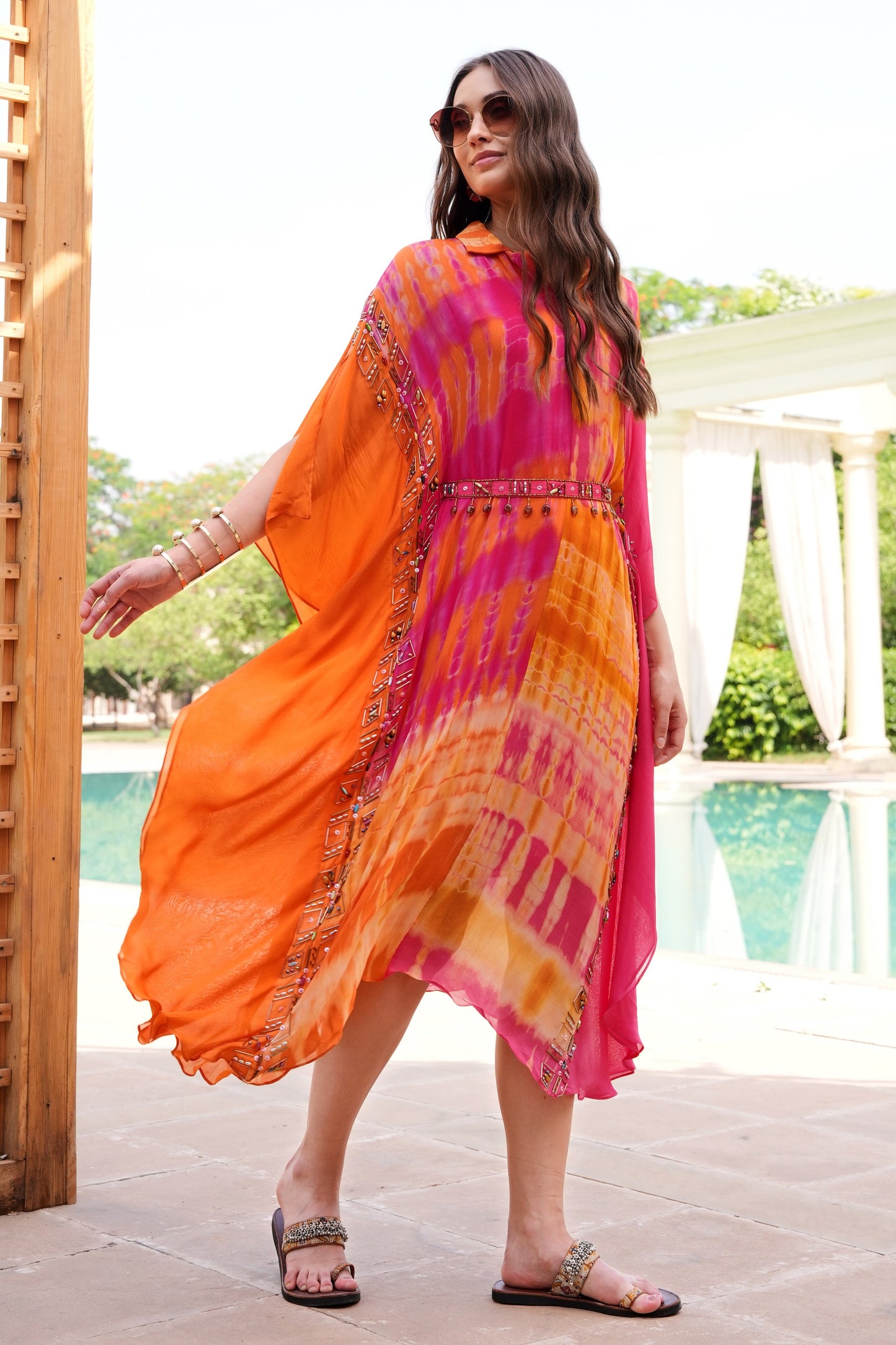 Tie n Dye Chiffon Kaftan - HOT PINK/ORANGE