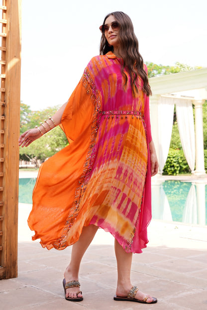 Tie n Dye Chiffon Kaftan - HOT PINK/ORANGE