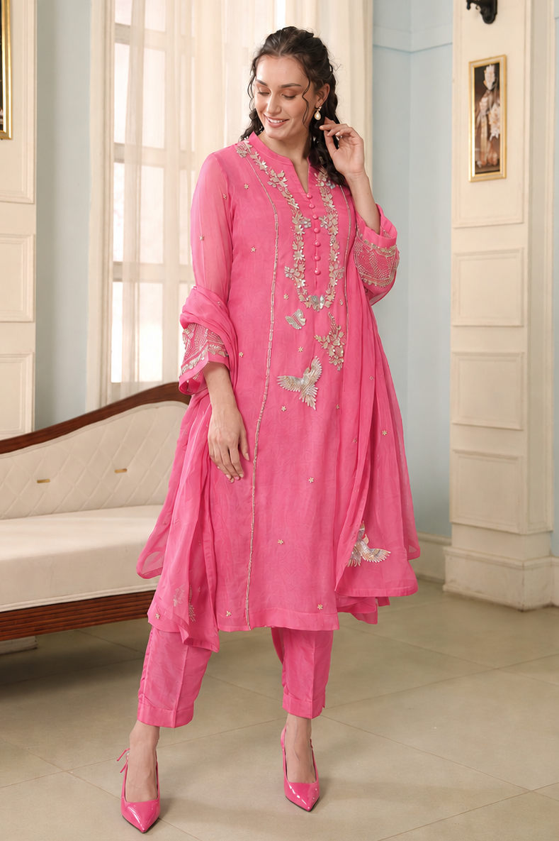 Zardozi Birds Silk Suit - MOUSE