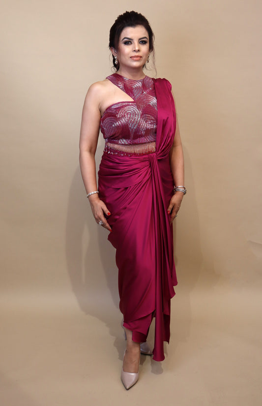 Draped Saree With Ombré Embroidery - PLUM