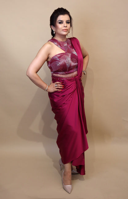 Draped Saree With Ombré Embroidery - PLUM