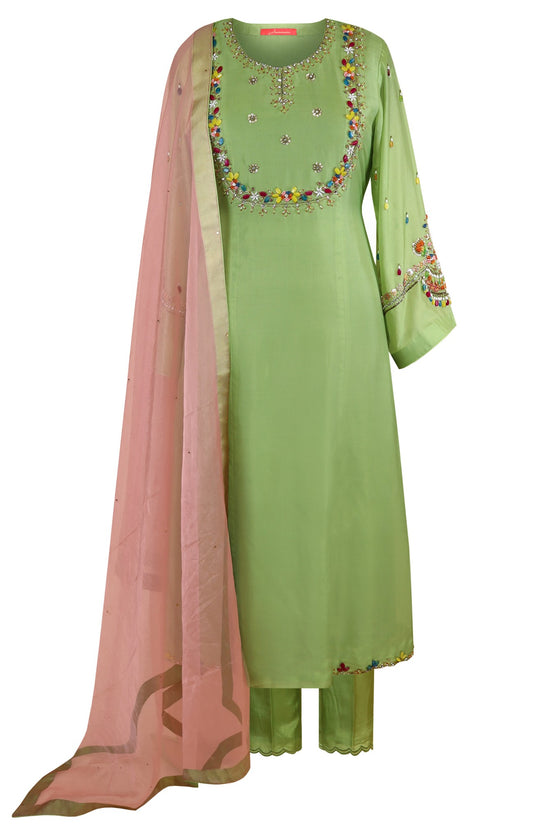 Pista Green Satin Organza Suit