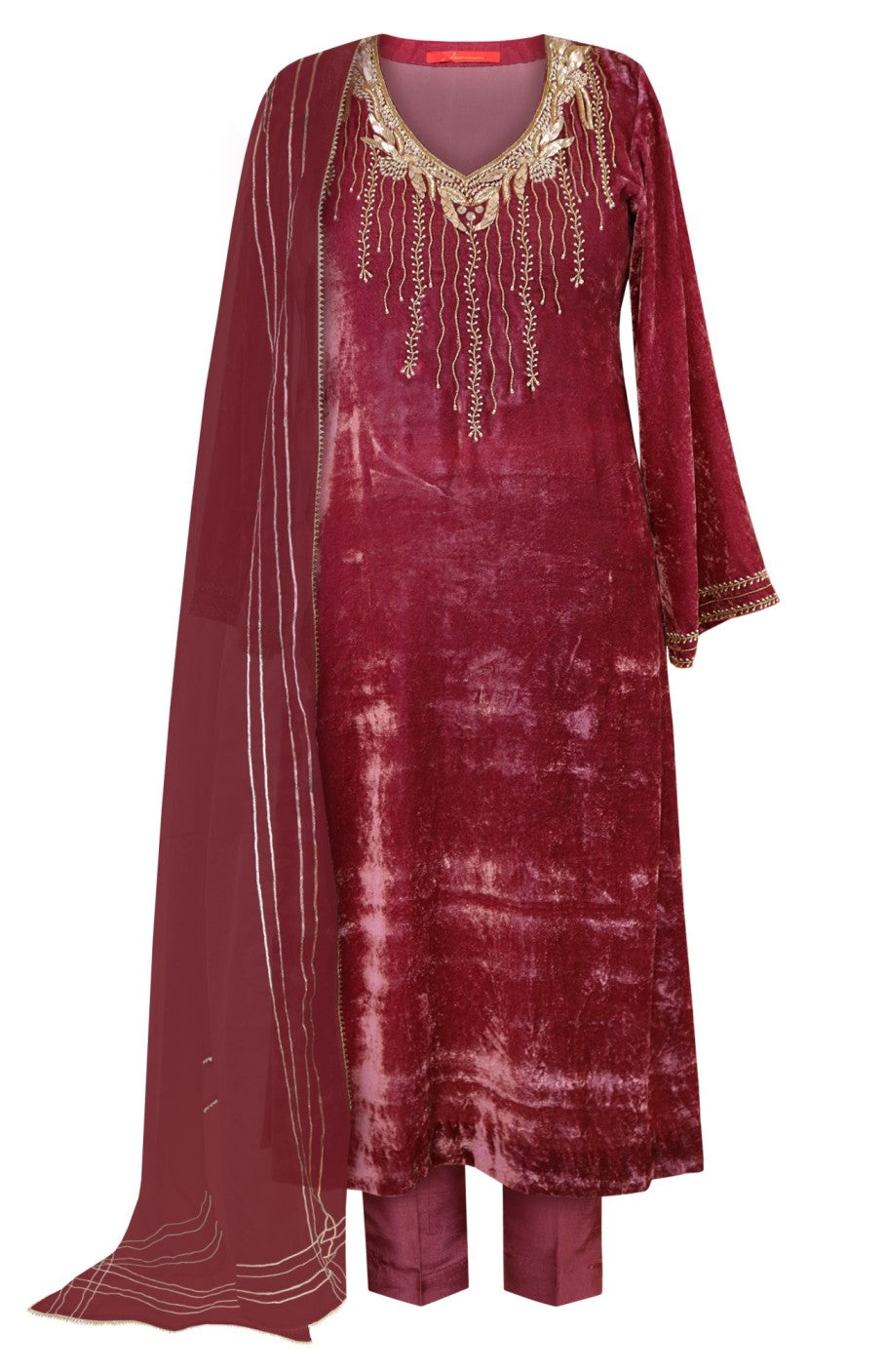 Velvet Suit With 3D Leaves Embroidery