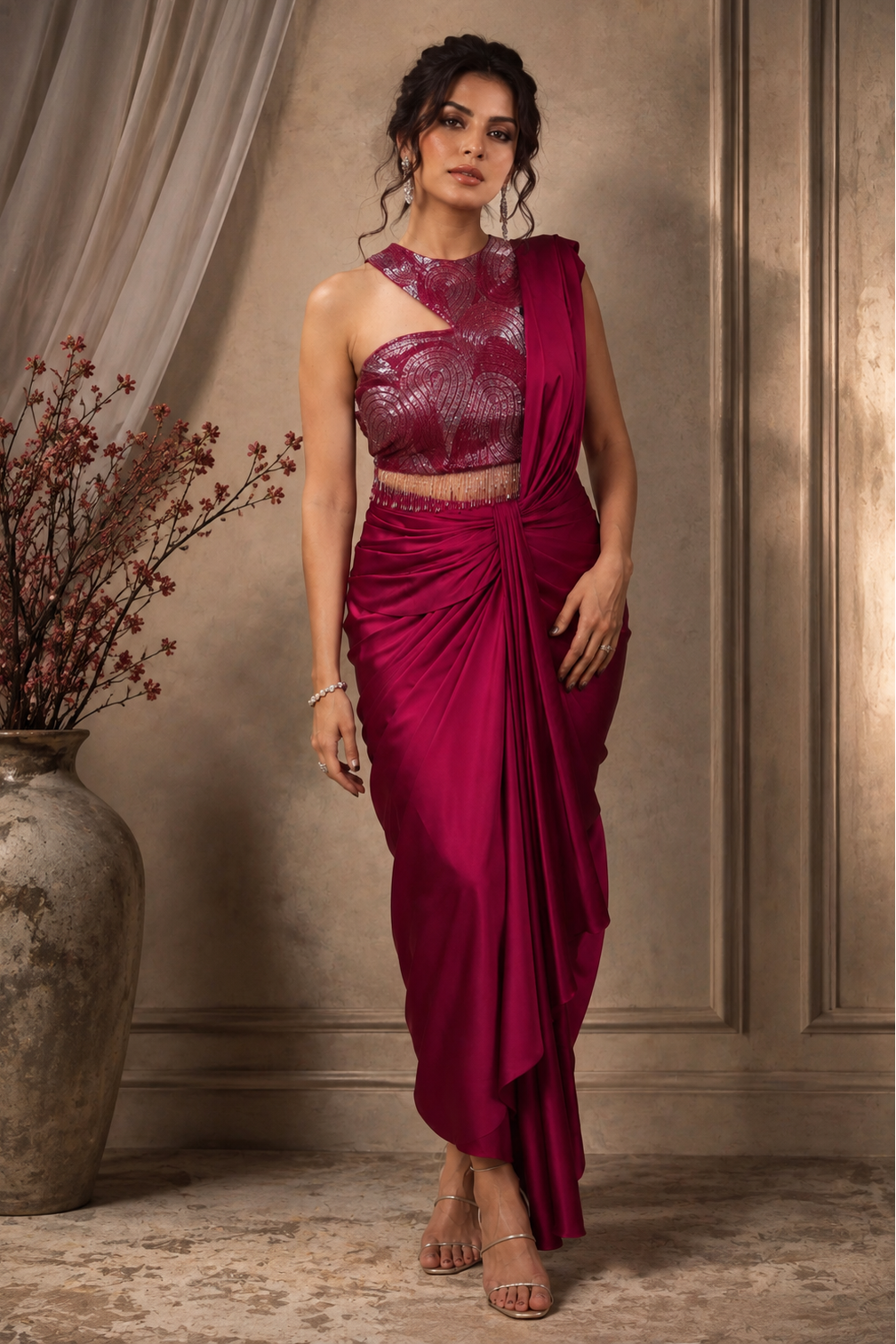 Draped Saree With Ombré Embroidery - PLUM