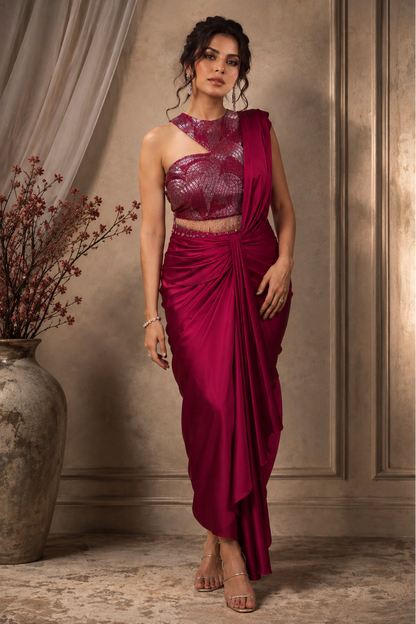 Draped Saree With Ombré Embroidery - PLUM