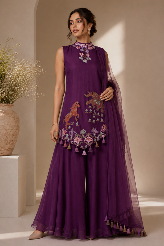 Madhubani Sharara Set - PLUM