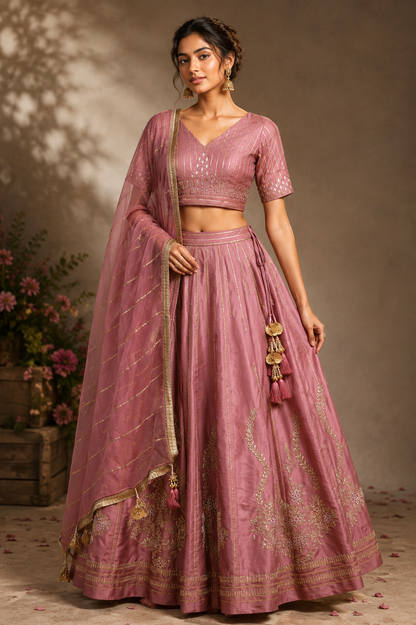 Silk Lehnga With Gota Patti Embroidery - PLUM