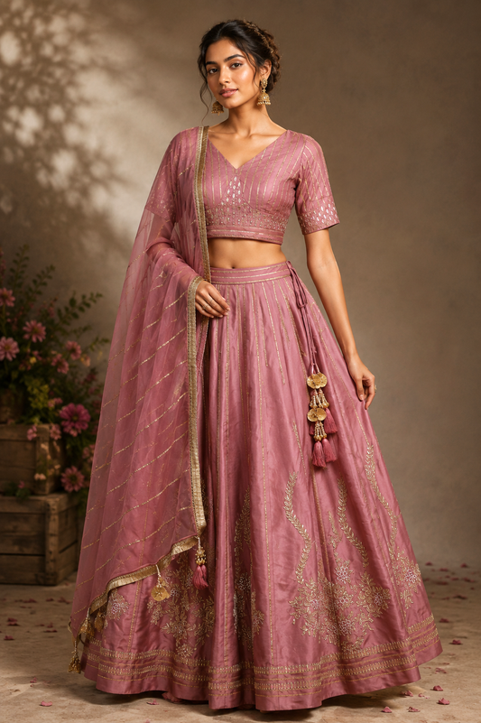 Silk Lehnga With Gota Patti Embroidery - PLUM