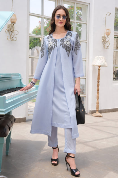 Jacket Style Kurta Set With Daisies - POUDRE' BLEU