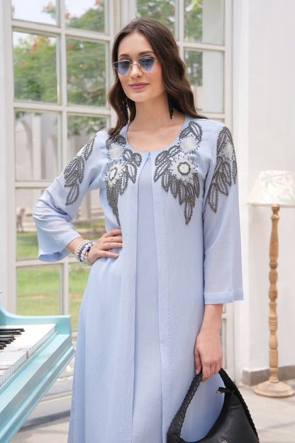 Jacket Style Kurta Set With Daisies - POUDRE' BLEU