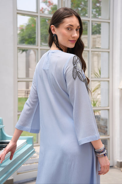 Jacket Style Kurta Set With Daisies - POUDRE' BLEU