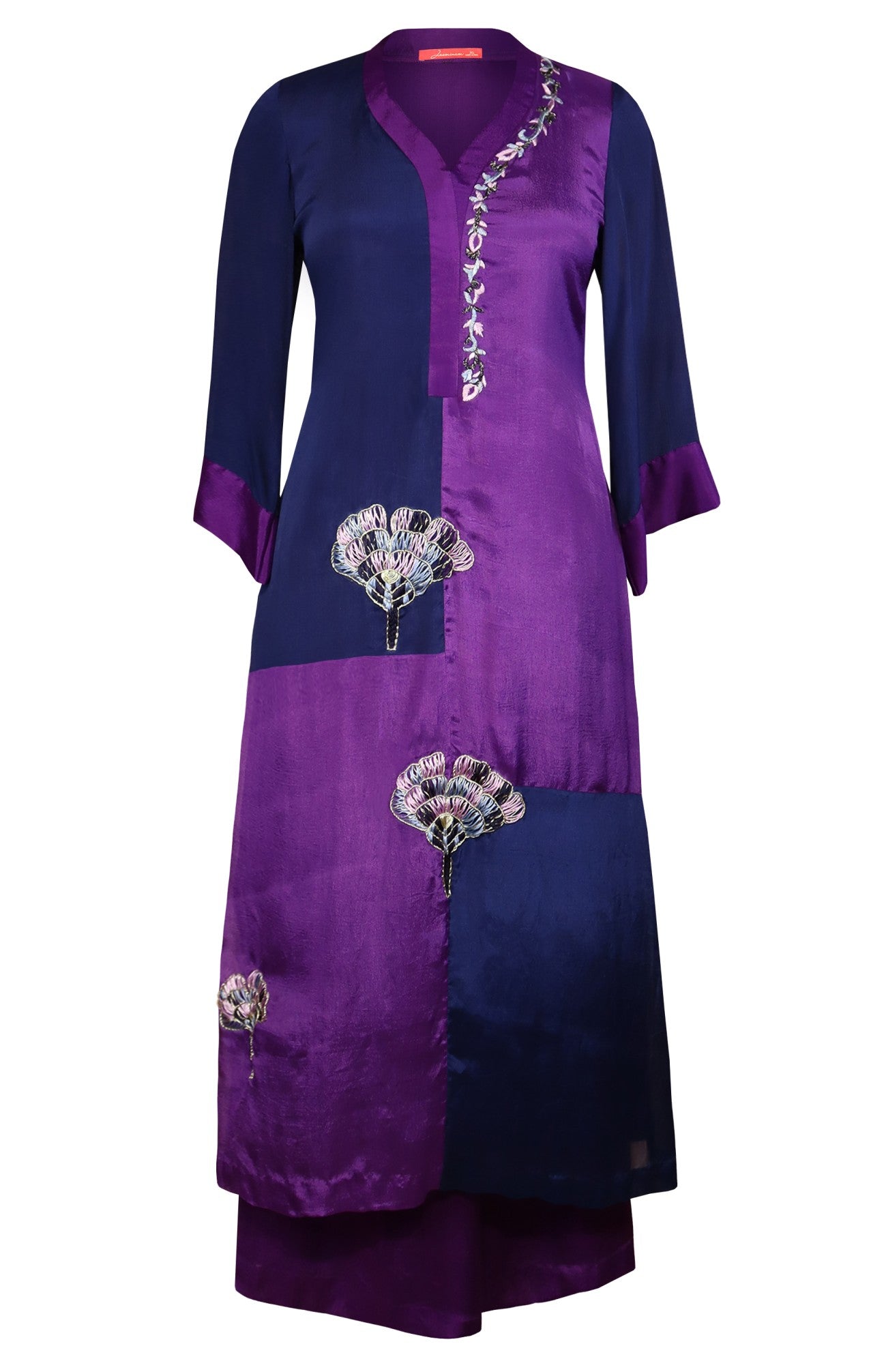 Purple And Navy Colour Block Kurta Set
