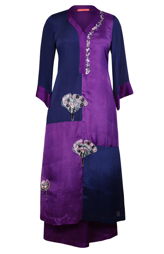 Purple And Navy Colour Block Kurta Set