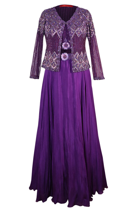 Crop Top Skirt With Embellished Jacket - PURPLE