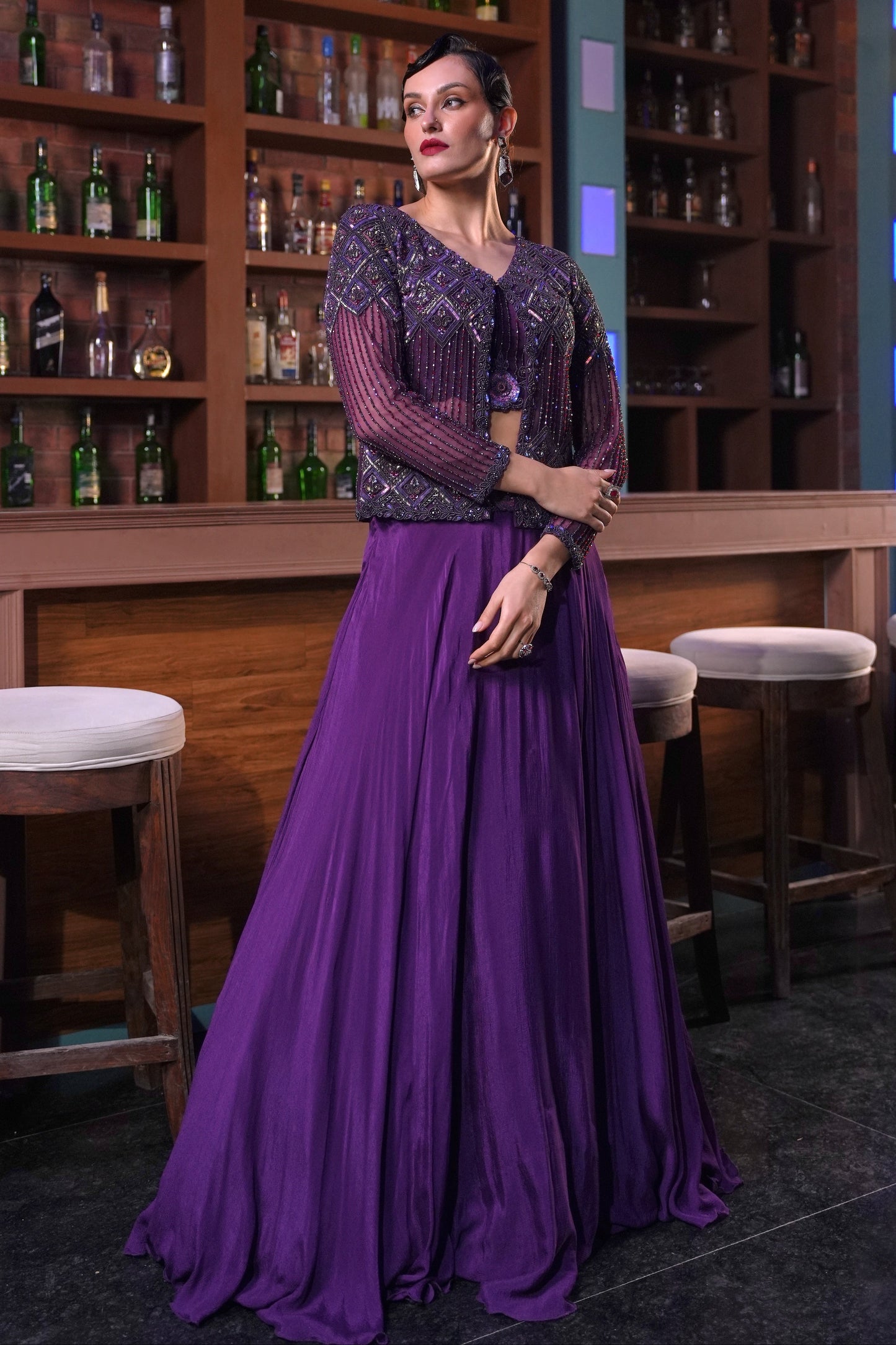 Crop Top Skirt With Embellished Jacket - PURPLE