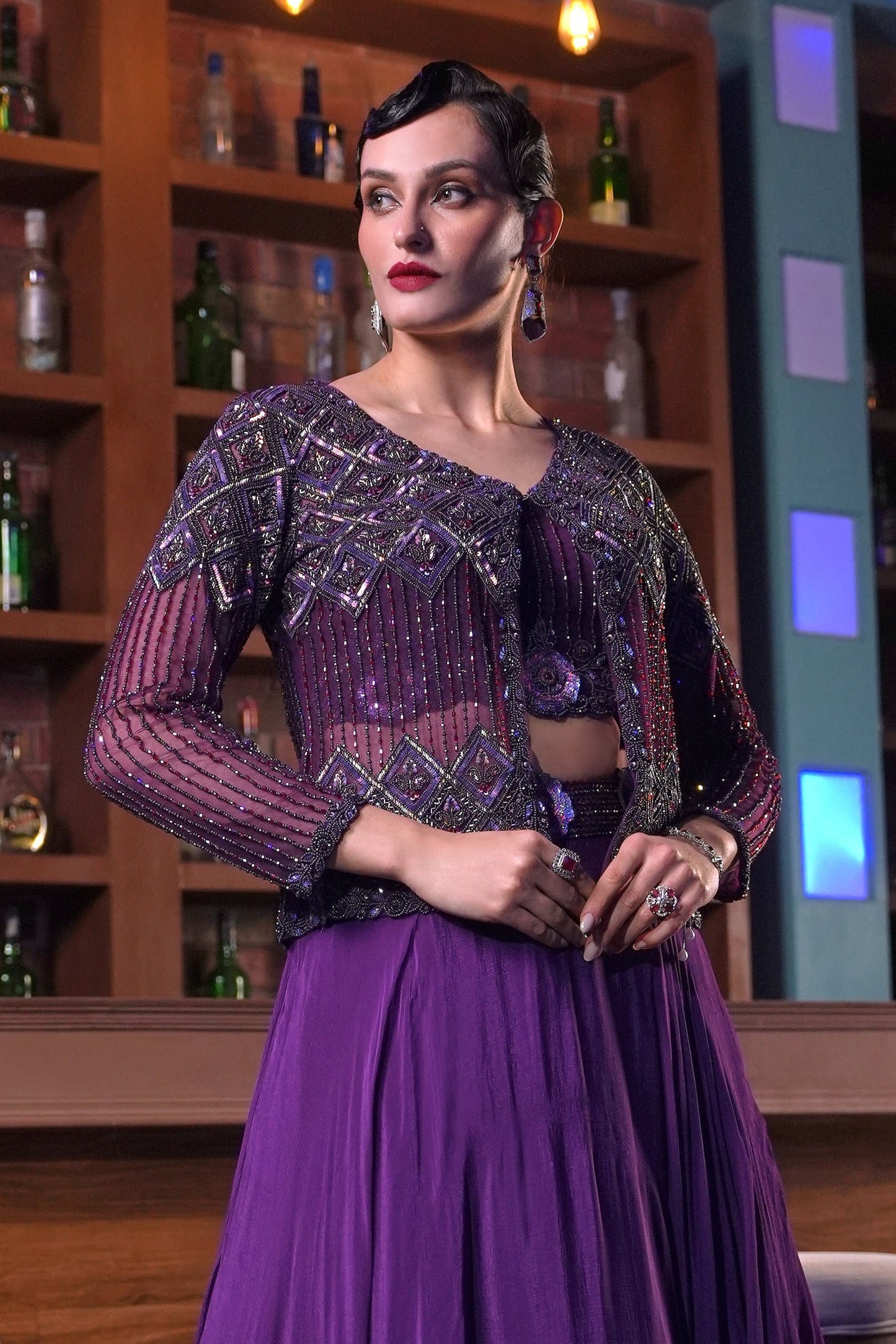 Crop Top Skirt With Embellished Jacket - PURPLE