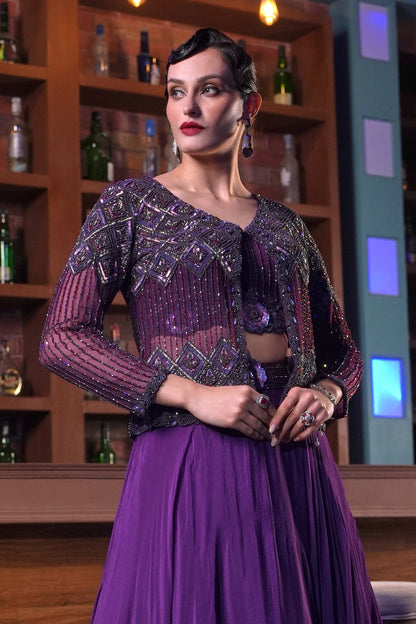 Crop Top Skirt With Embellished Jacket - PURPLE