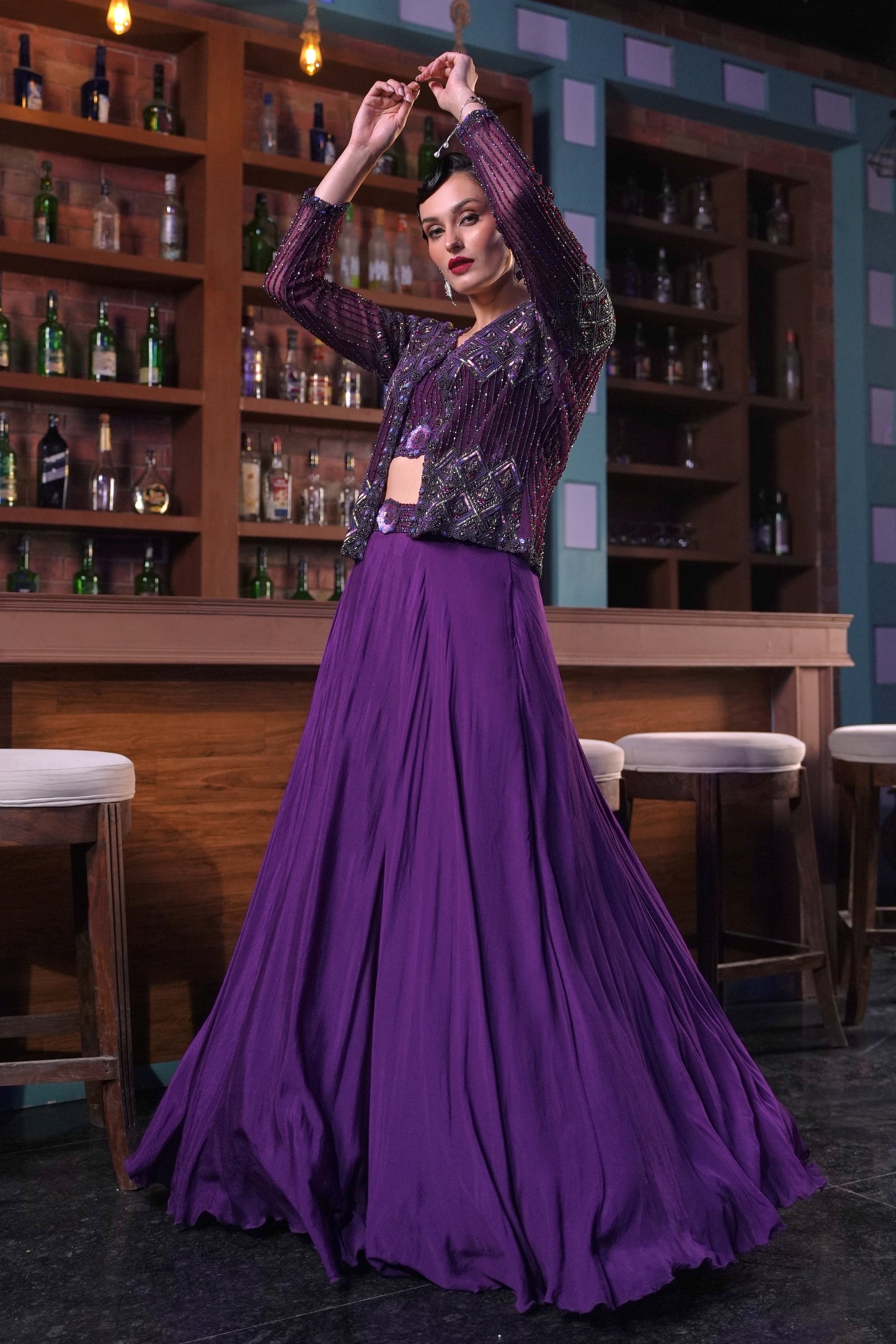 Crop Top Skirt With Embellished Jacket - PURPLE