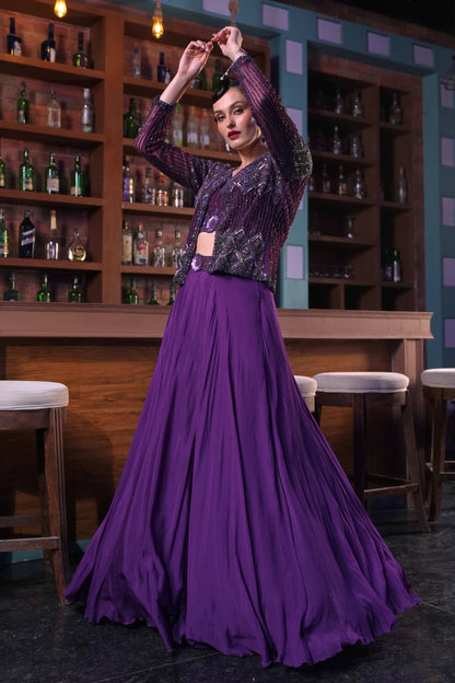 Crop Top Skirt With Embellished Jacket - PURPLE