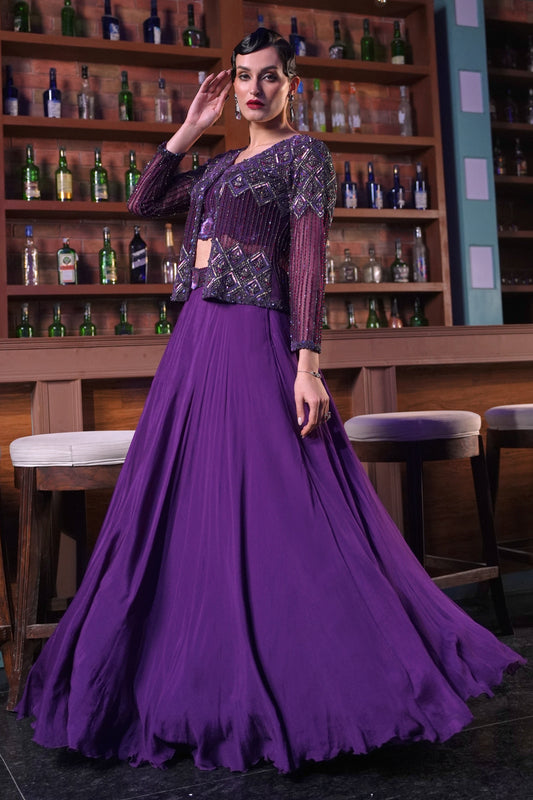 Crop Top Skirt With Embellished Jacket - PURPLE