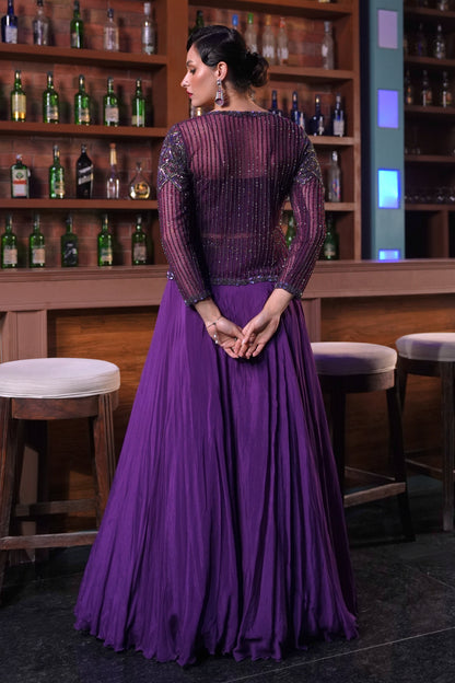 Crop Top Skirt With Embellished Jacket - PURPLE