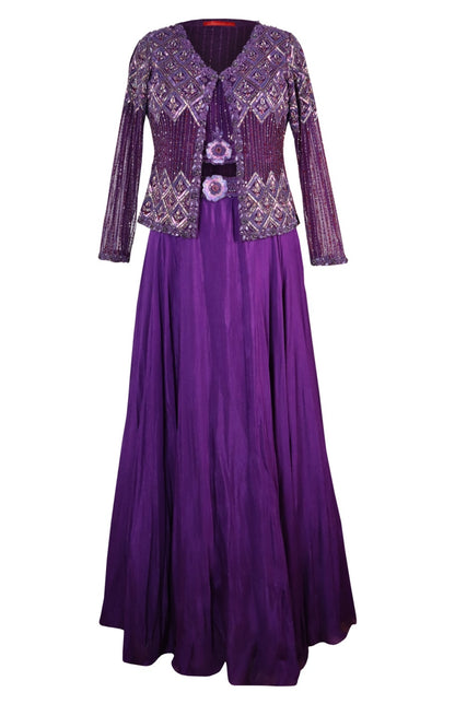 Crop Top Skirt With Embellished Jacket - PURPLE